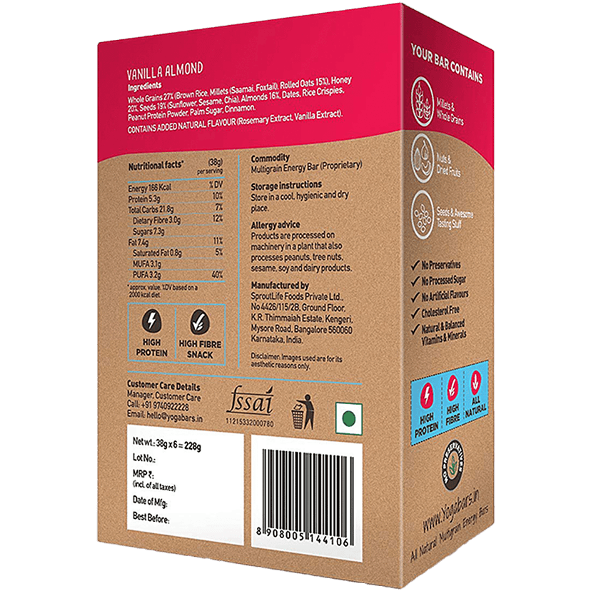 Yoga Bar Multigrain Energy Bar - Vanilla Almond, Healthy Snack, High In Protein & Fibre, 38 G (Pack Of 10) view 2