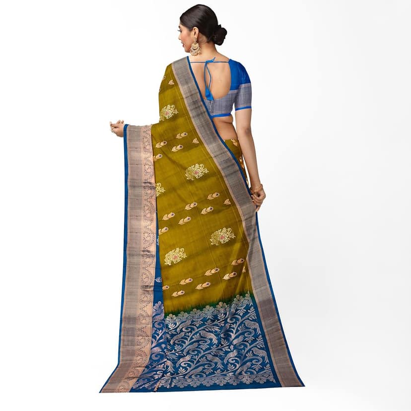 Olive Green Color Beautiful Floral Butta Pure Kanjivaram Silk Saree view 3