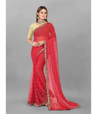 Aardiva Chiffon Printed Saree With Unstitched Blouse Piece ( Orange )