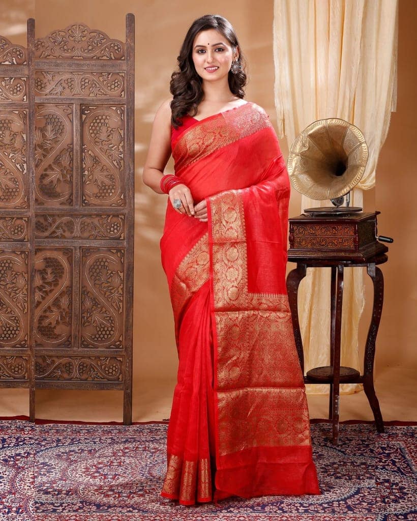 Silk Linen Banarasi Brocade Handloom Orange Saree with Blouse-6102