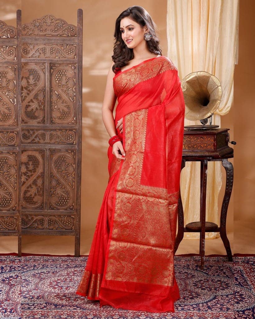 Silk Linen Banarasi Brocade Handloom Orange Saree with Blouse-6102 view 3