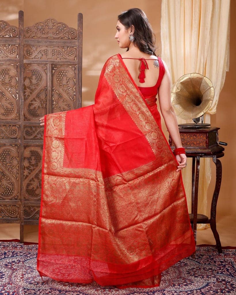 Silk Linen Banarasi Brocade Handloom Orange Saree with Blouse-6102 view 5