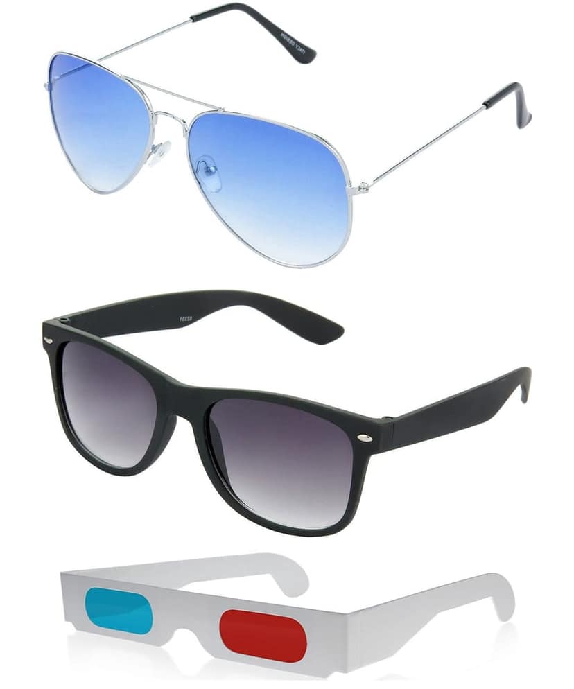 HRINKAR Pilot And Rectangular Stylish Sunglasses For Men And Women (Blue And Grey Lens | Silver And Black Frame - HCMB040) With Free Paper 3D Glass