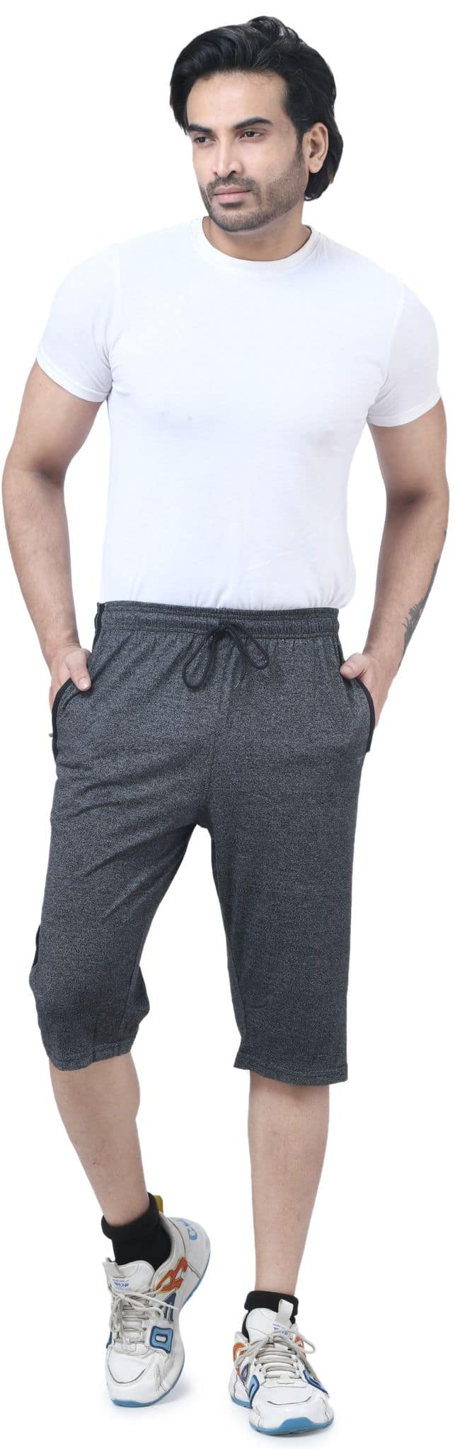I Bulls, Designer Self Design Hosiery Cotton Regular Fit Three Quarters/Three Fourths/Three by Fourth /3/4 / Capri for Men- Casual/Sports Wear with Zip Lock Pockets view 5