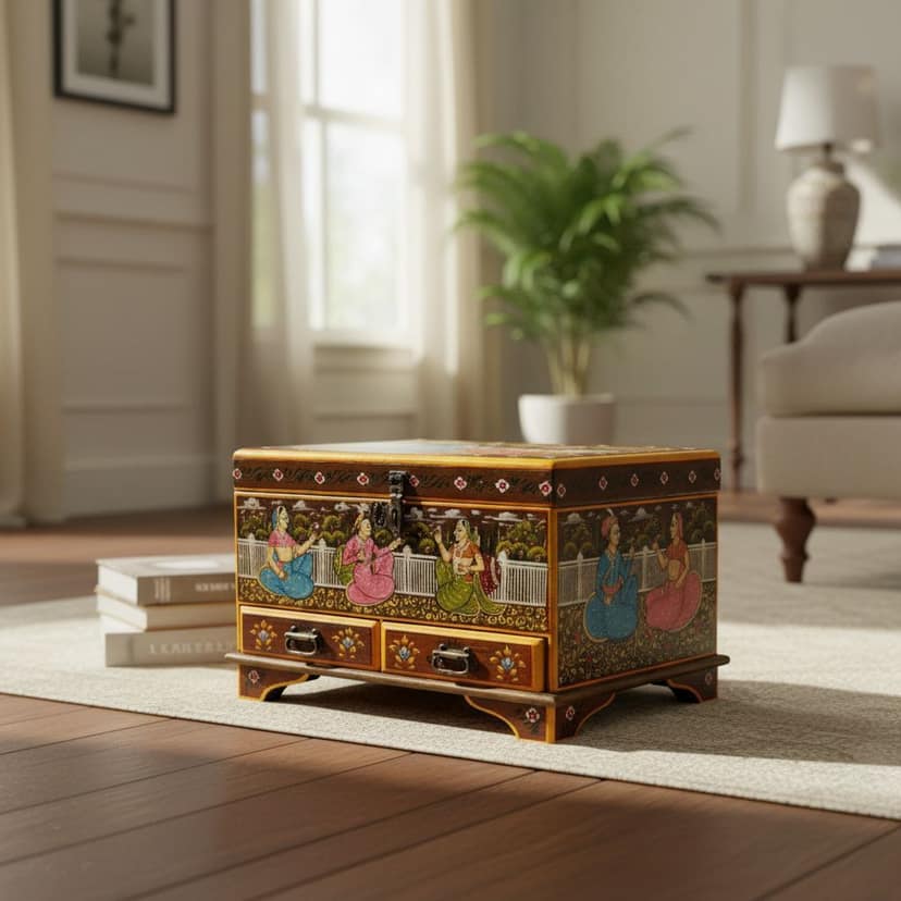 Handicraft Storage Box, Jewelry Organizer Wooden Box, Luxury Rajasthani Fine-Art Painted Dowry Box, Home Living Furniture Box