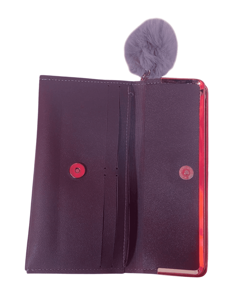 Black Faux Leather Wallet with Gold Accents and Furry Key Chain view 3