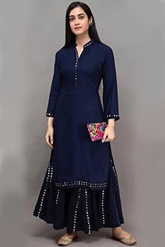 Buy & Try Women's Rayon Kurta Plazzo Set with Aari Work, Straight Kurti Set with Plazzo for Girls, Diwali, Festival Puja. view 10