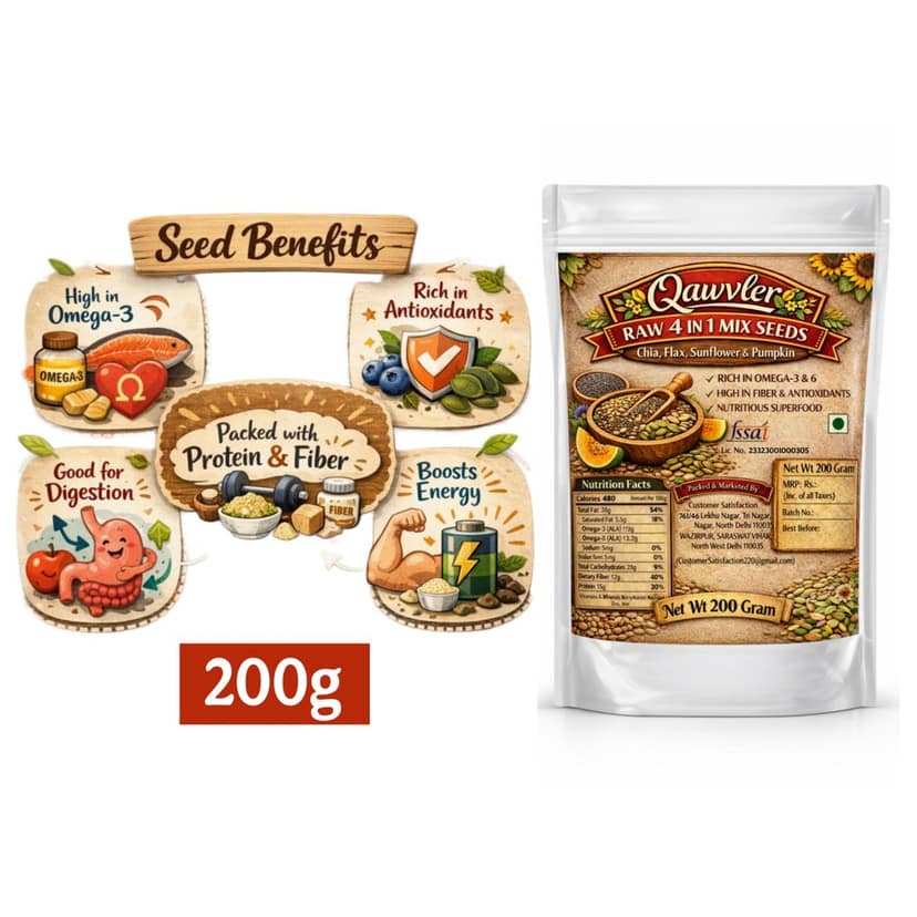 Qawvler Raw 4 in 1 Mix Seeds 200gm | Chia, Flax, Sunflower & Pumpkin Seeds | High Fiber & Antioxidants | Healthy Snacks | for Eating view 3