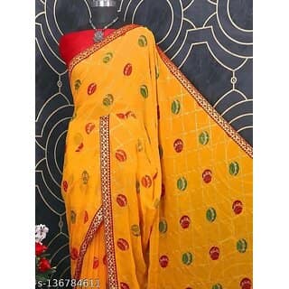 Yellow Colour Foil Printed Saree With Blouse Printed view 2