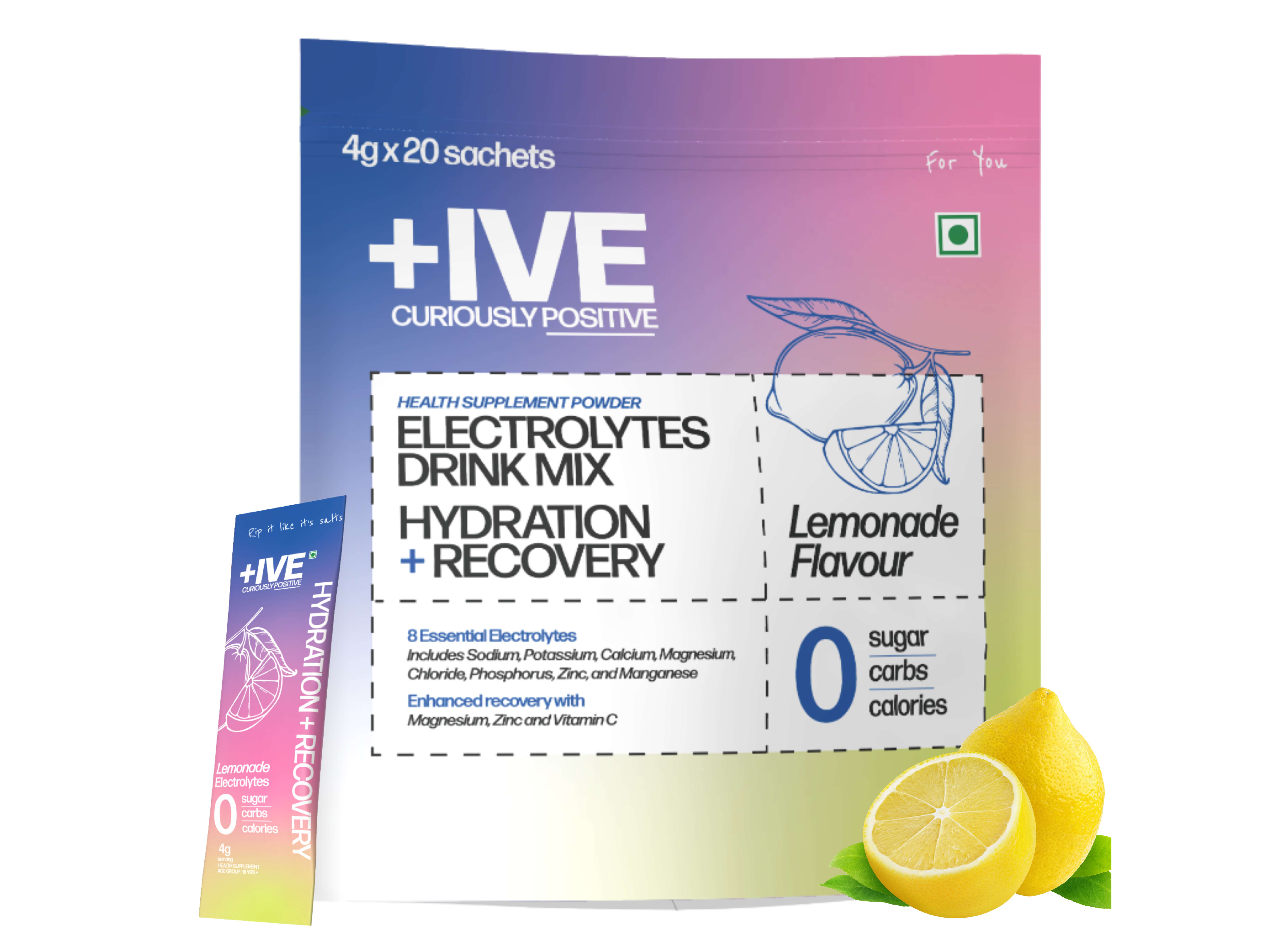 Curiously +IVE Electrolytes Drink Mix - Lemonade Flavour Pack - 80gm (4g x 20 Sachet)| Zero Sugar, Zero Carbs, Zero Calories, Hydration + Recovery Supplement