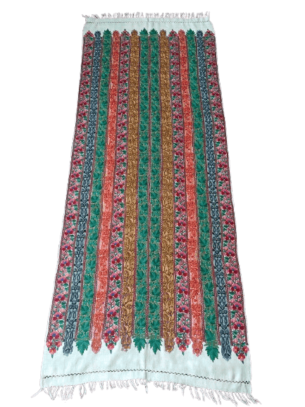Hand Embroidered Kashmiri Shawl with Floral Crewel Embroidery and Fringe Border
