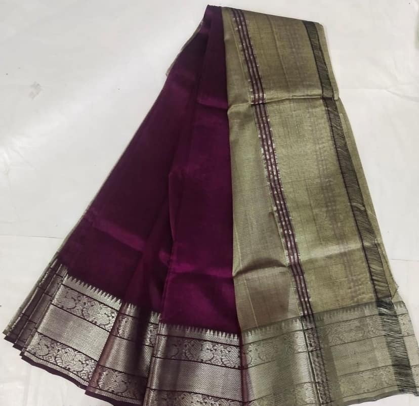 Grape Wine Silk Saree With Silver Zari Border view 3