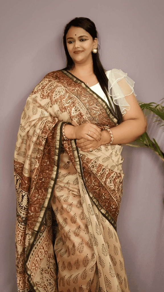 Chanderi Silk Saree Champagne Yellow Colour Handblock Printed With Kalamkari Blouse-5743 view 2