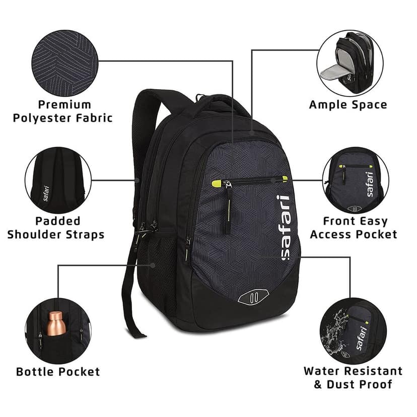 Tribe 35 Ltrs Large Laptop Backpack with 3 Compartments, Water Resistant Fabric - Black (TRIBE19CBBLK) view 2