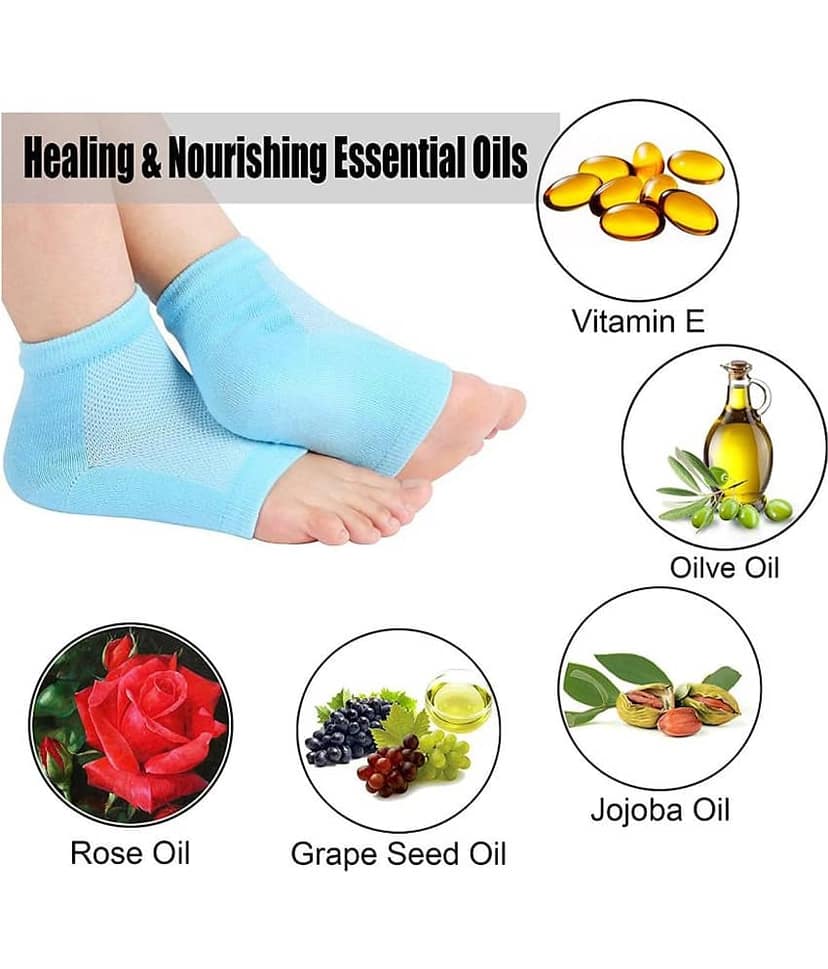 Ishi Silicone Gel Heel Socks For Dry Hard Cracked Heels Repair, Foot Care Support Cushion With Spa Botanical Gel Pad - (Free Size) 1 Pair-Blue view 2