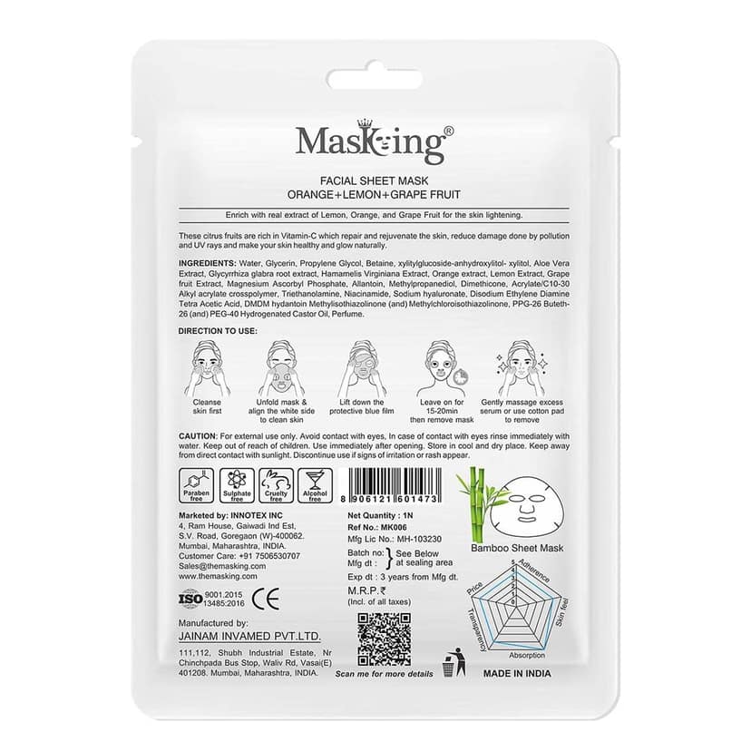 MasKing Bamboo Facial Sheet Mask of Orange, Lemon & Grapefruit for Skin Lightening Ideal for Women & Men, 20ml each (Pack of 3) view 4