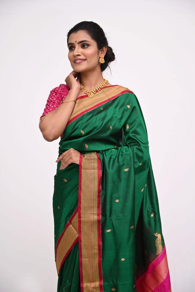 Green Pure Paithani Silk Saree view 3