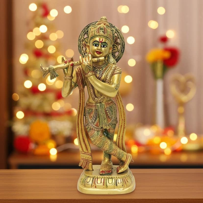 Brass Krishna God Idol Statue ? Handcrafted Religious Showpiece, Height : 14 Inch (BSMAS1622 E)