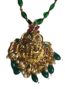 oxidized silver antique finish temple pendant necklace set with green beads mala view 3