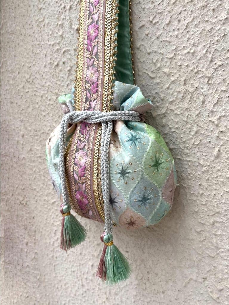ART BY CHAITASI Embellished Designer Potli Bag with Protective Box, Handbag, Wristlets, Clutch for Women, Girls with Handmade Embroidery, Sequin, Beads Work for Parties, Weddings view 3