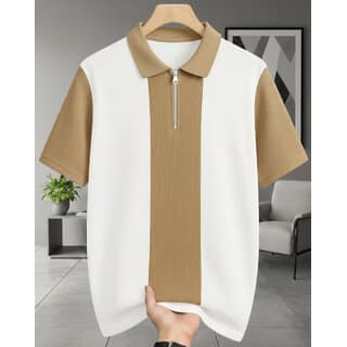 Ausk Mens White, Beige Graphic Print Cotton Blend Polo Collar T-Shirt