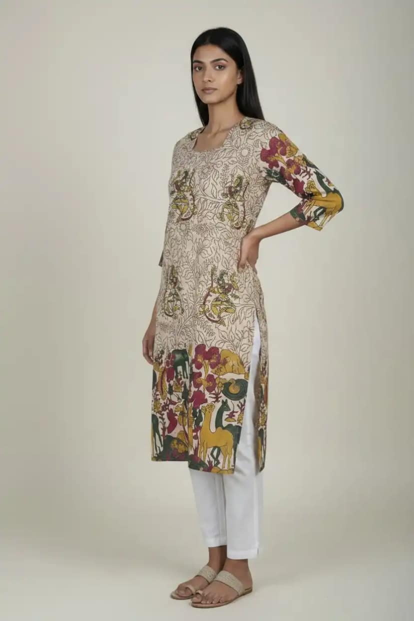 Pedana Kalamkari Screen-Print Cotton Kurti with Vine Border view 2