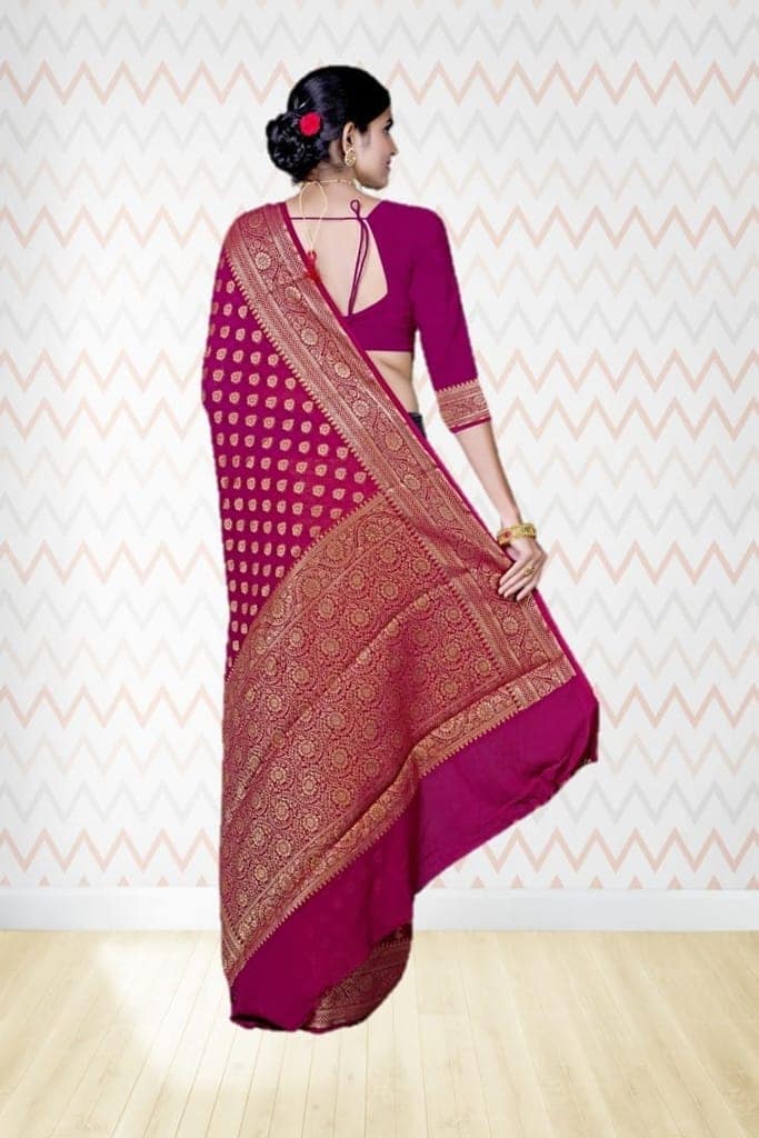 Khaddi Georgette Saree Wine view 2