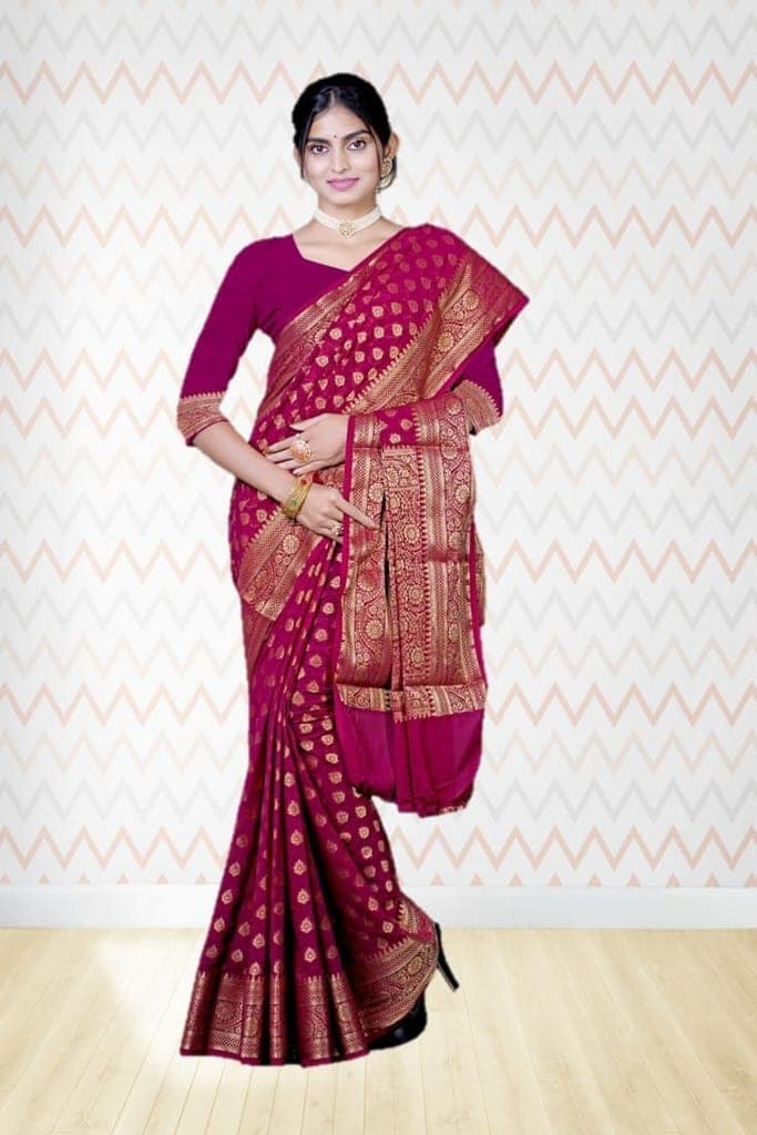Khaddi Georgette Saree Wine view 3