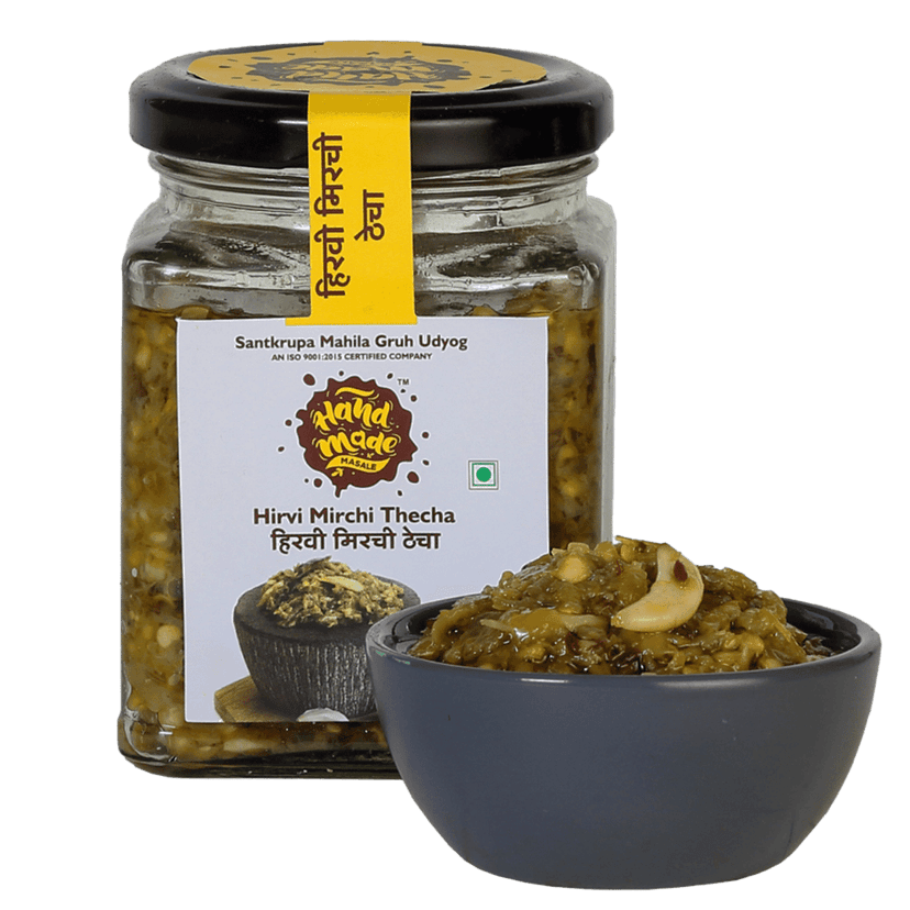 Handmade Masale Green chilli Thecha / Hirvi Mirchi Thecha | Spicy and tangy | Fresh and flavorful | Authentic Indian recipe | Made with fresh green chilies, garlic, and spices | No artificial preservatives or colors | Gluten-free | Vegan view 2