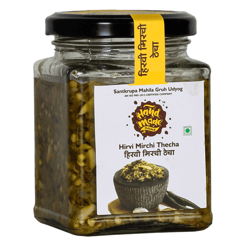 Handmade Masale Green chilli Thecha / Hirvi Mirchi Thecha | Spicy and tangy | Fresh and flavorful | Authentic Indian recipe | Made with fresh green chilies, garlic, and spices | No artificial preservatives or colors | Gluten-free | Vegan view 3