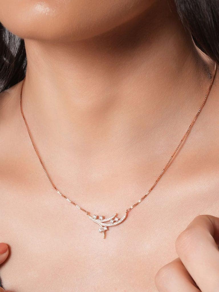 925 Sterling Silver CZ Studded Leafy Pendant Minimal Necklace & Chain view 2