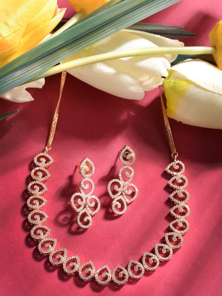 Rose Gold Plated AD Studded Minimal Necklace jewellery Set view 2