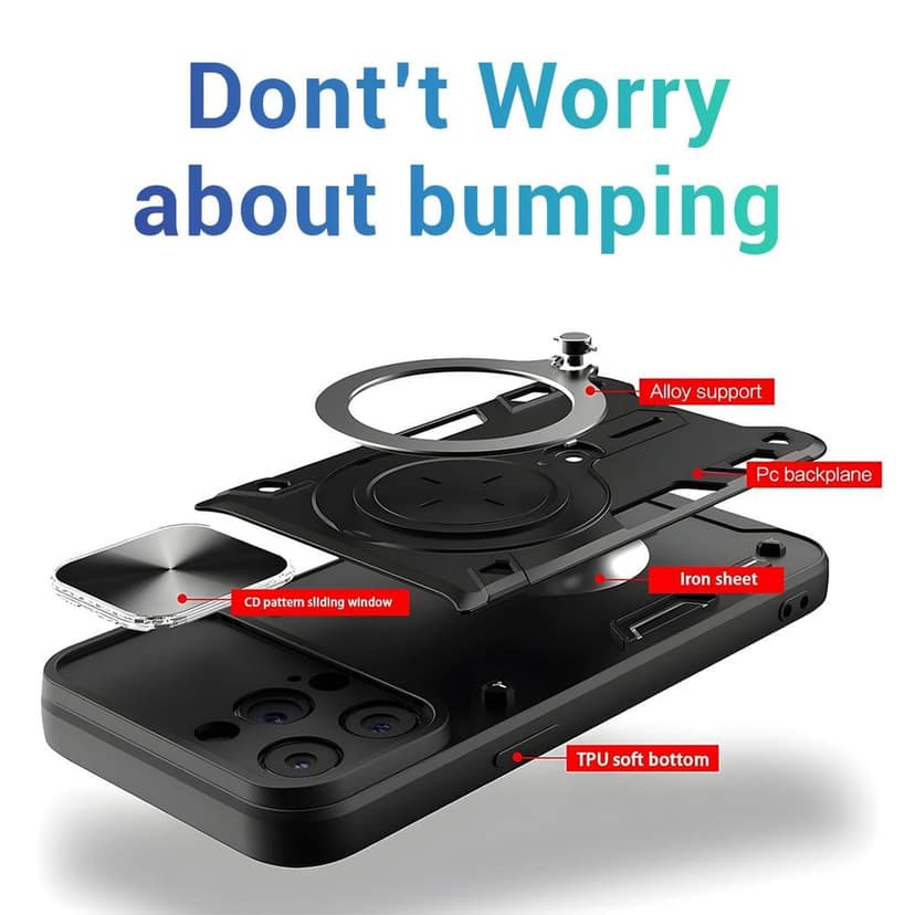 LIRAMARK Back Cover Case Compatible with iPhone 15 Pro Max (6.7 inch) with Stand & Slider Camera Military Grade Drop Protection view 5