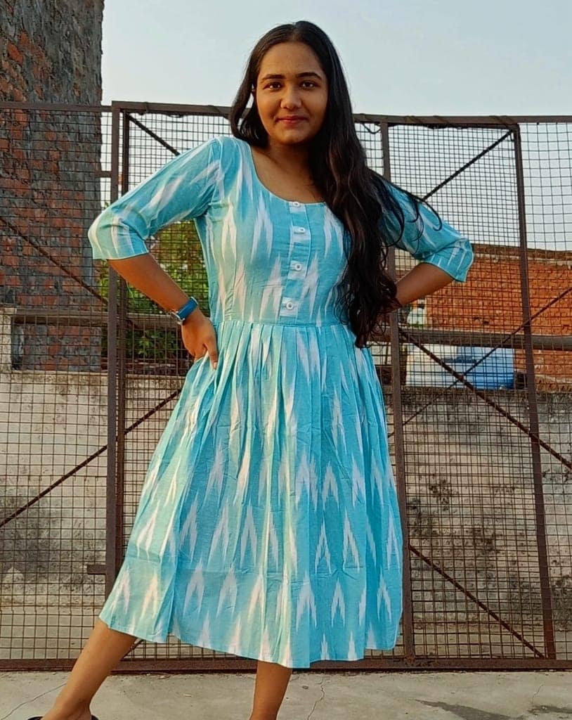 Pure Cotton Ikkat Dress Sky Blue Color (Size XXS(32) to Plus Size(56))-5086 view 2