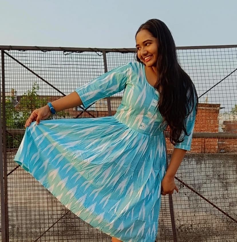 Pure Cotton Ikkat Dress Sky Blue Color (Size XXS(32) to Plus Size(56))-5086 view 3