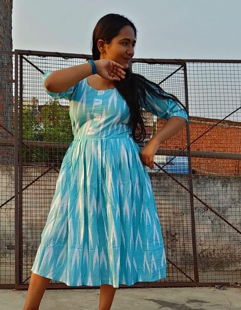 Pure Cotton Ikkat Dress Sky Blue Color (Size XXS(32) to Plus Size(56))-5086 view 4