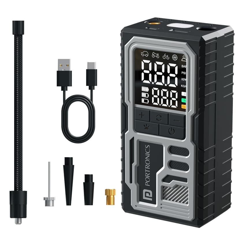 Portronics Vayu 10 Portable & Rechargeable Tyre Inflator, Type-C Fast Charging, LED Display, Auto Shut-Off, For Car, Bike & Sports Balls