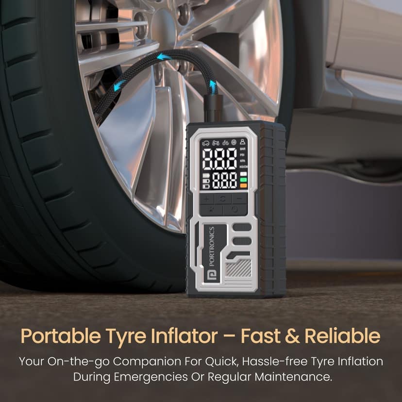 Portronics Vayu 10 Portable & Rechargeable Tyre Inflator, Type-C Fast Charging, LED Display, Auto Shut-Off, For Car, Bike & Sports Balls view 2