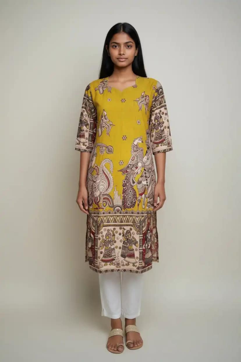 Kalamkari Print Cotton Kurti Mustard Yellow