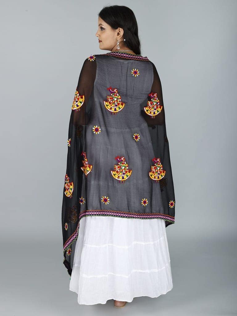 Black Phulkari Dupatta With Sequin Embroidered Dandiya Motif And Saori Lace On The Borders From Rajasthan view 3