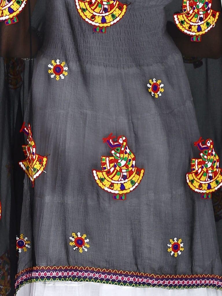 Black Phulkari Dupatta With Sequin Embroidered Dandiya Motif And Saori Lace On The Borders From Rajasthan view 4