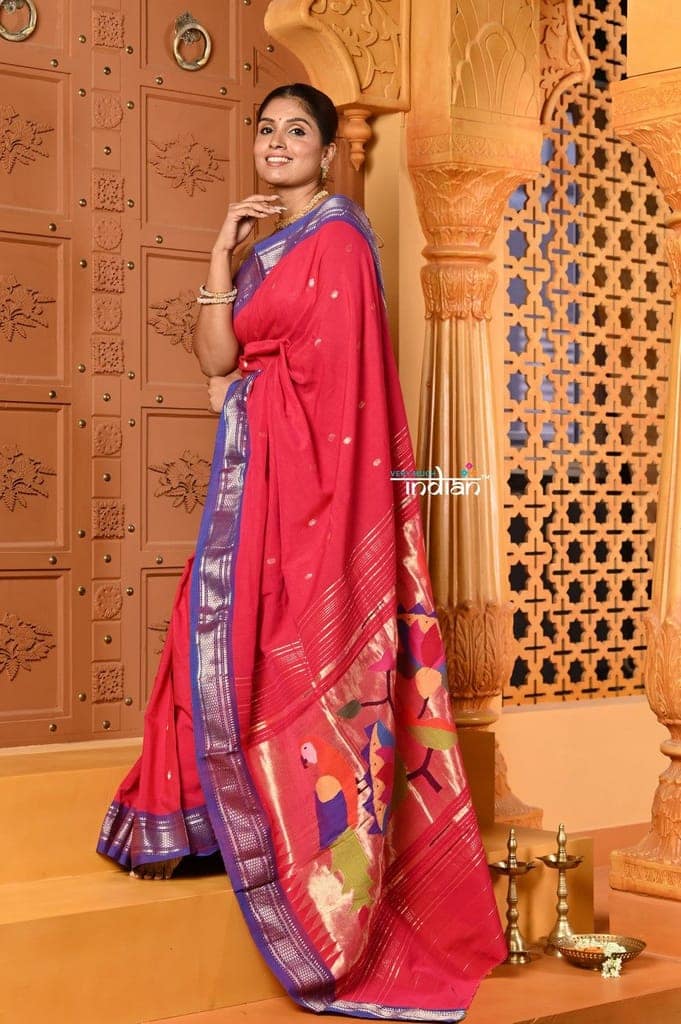 Shubh ~ Handloom Pure Cotton Paithani with Narali Border With Lotus & Parrot Pallu in Pink view 2