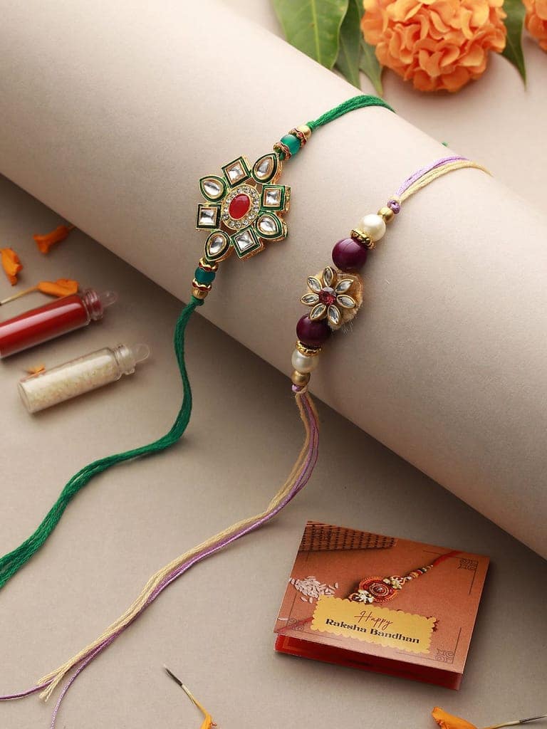 Set Of 2 Kundan & Pearl Beaded handcrafted Rakhi with Roli Chawal