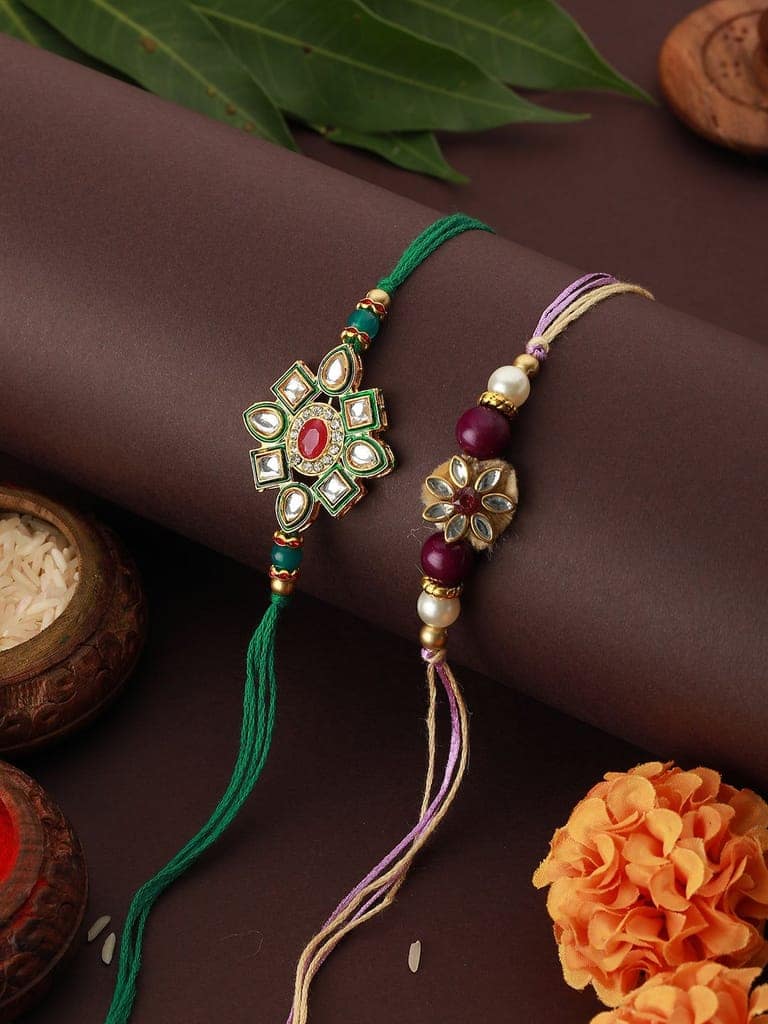 Set Of 2 Kundan & Pearl Beaded handcrafted Rakhi with Roli Chawal view 2