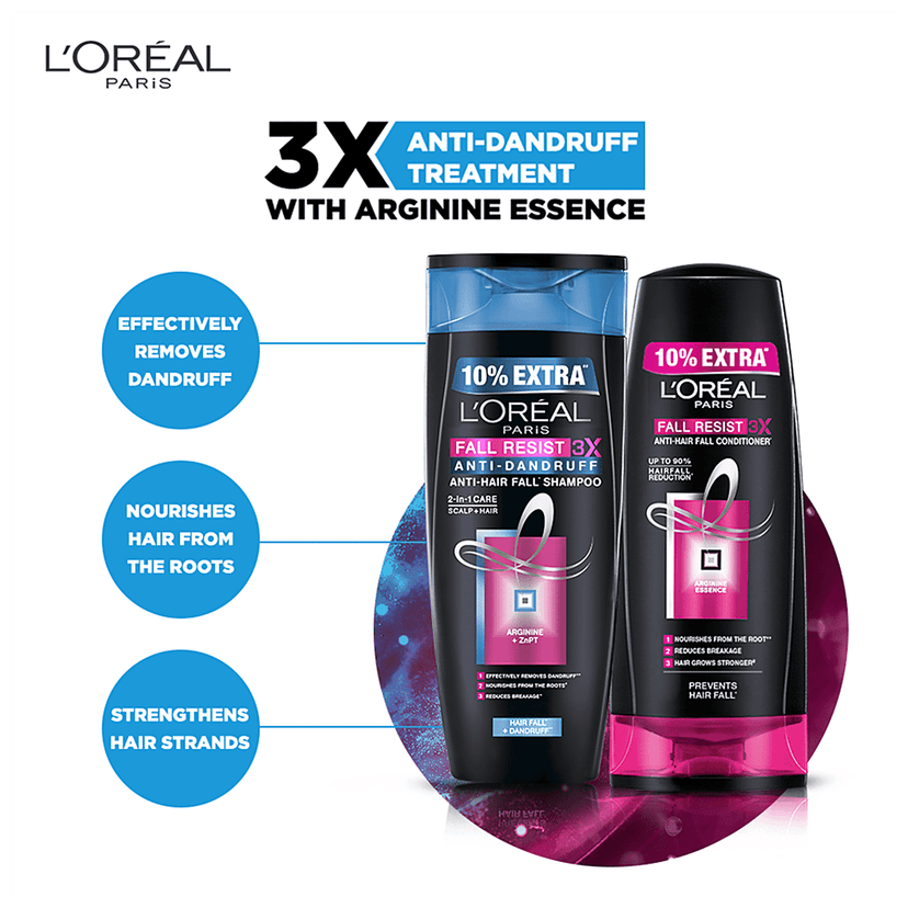 Loreal Paris Fall Resist 3X Anti-Dandruff Anti-Hair Fall Shampoo, 2-in-1 Care Scalp + Hair, 360 ml view 2