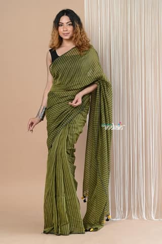 Designer Pure Cotton Sarees with All over Linear Stripes ~ Pine Green