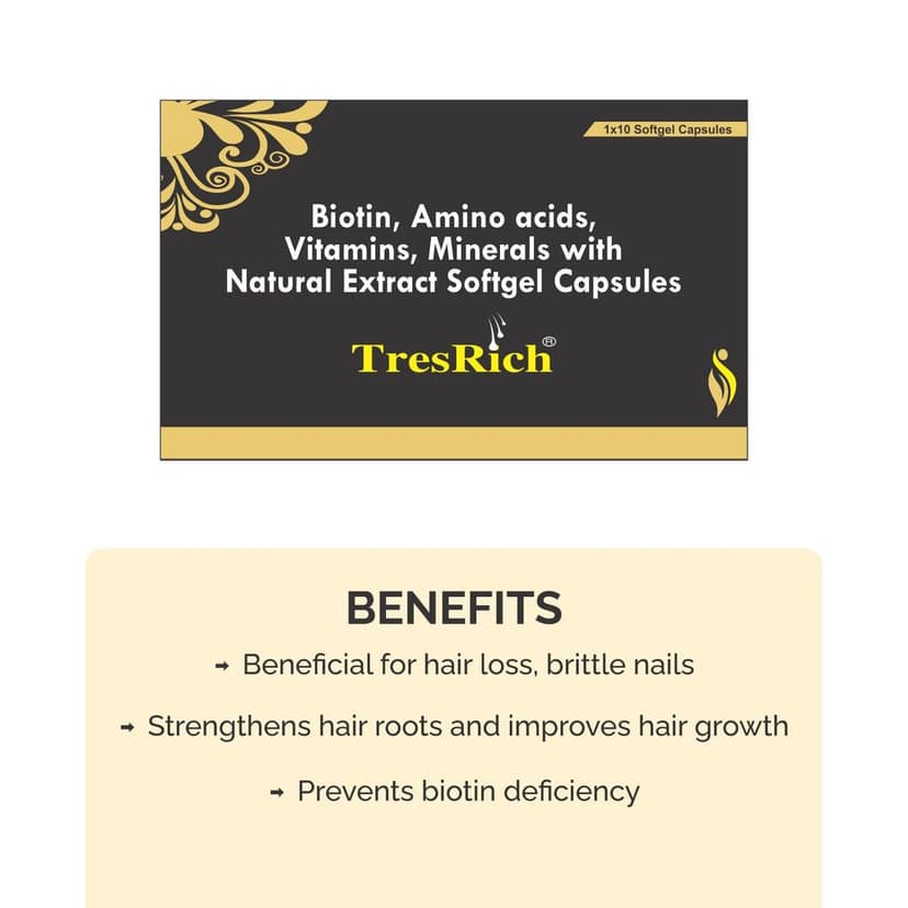 TRESRICH SOFTGEL CAPSULES, RICH WITH BIOTIN, AMINO ACID, VITAMINS, AND MINERALS, PROMOTES HAIR GROWTH , BRITTLE NAILS, BIOTIN DEFICIENCY, HEALTH SUPPORT Pack of 3 view 2