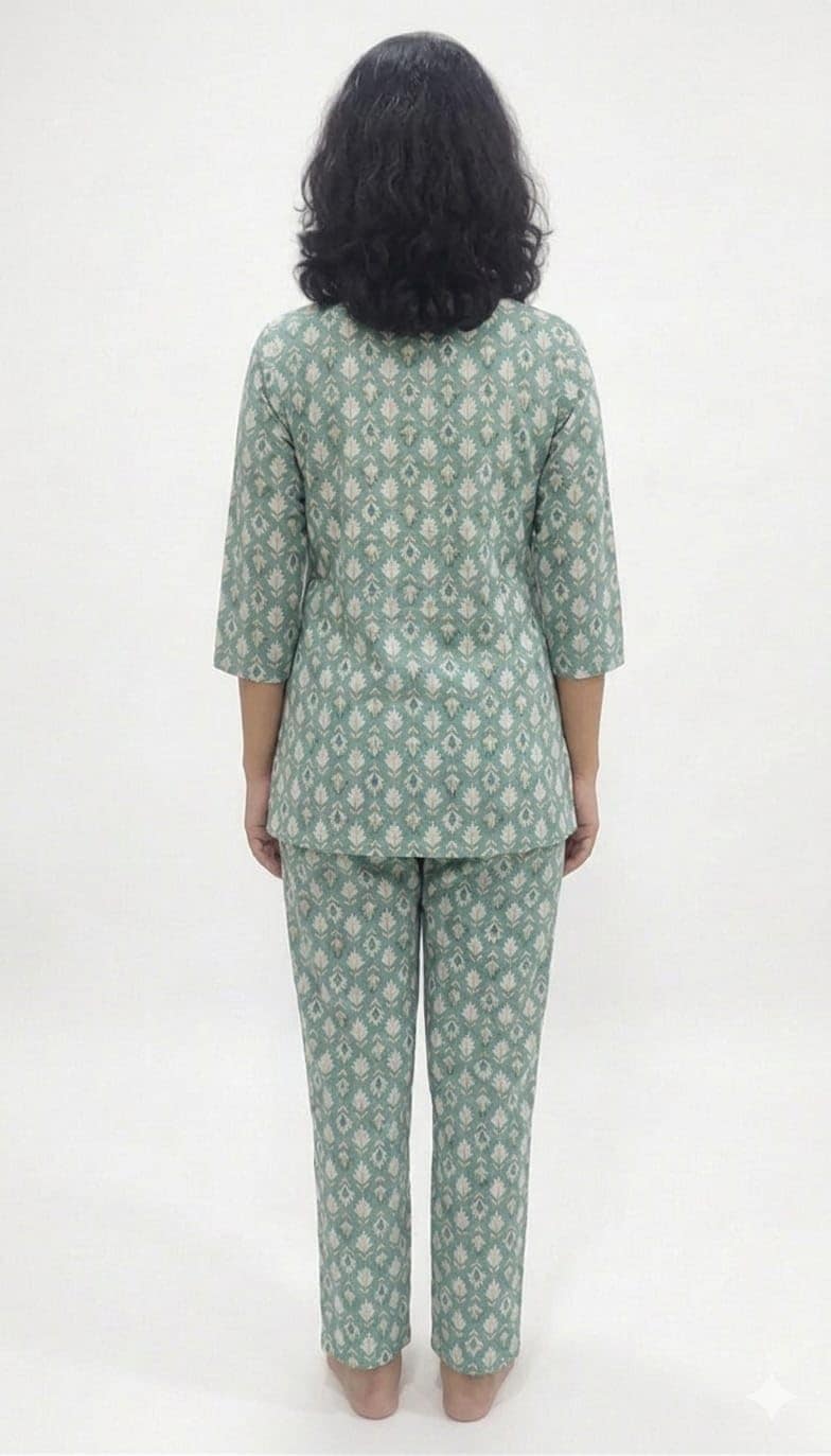Mom and Me Women's Cotton Printed Co-ord Set, 3/4 Sleeve Kurta with Pyjama, Round Neck Nightwear, Available in Grey, Yellow, Green, Pink (Pista, L) view 2
