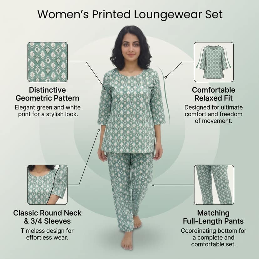 Mom and Me Women's Cotton Printed Co-ord Set, 3/4 Sleeve Kurta with Pyjama, Round Neck Nightwear, Available in Grey, Yellow, Green, Pink (Pista, L) view 4