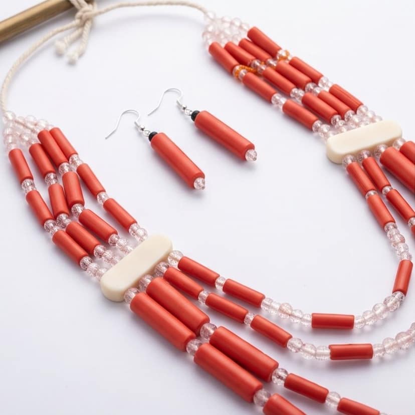Handcrafted Multi-layered Red Bead Ethnic Necklace Set view 2